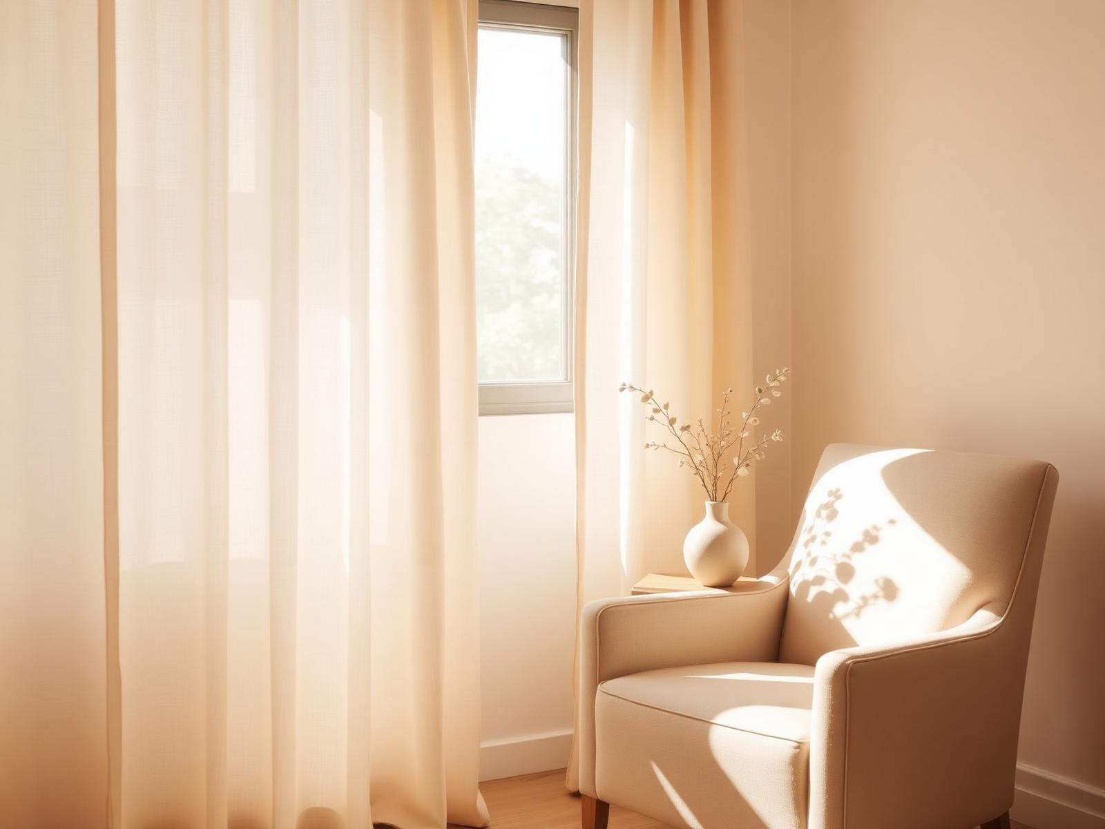 A quiet, sunlit therapy room with a soft armchair and gauzy linen curtains